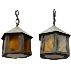 Antique Pair Copper & Glass Lanterns