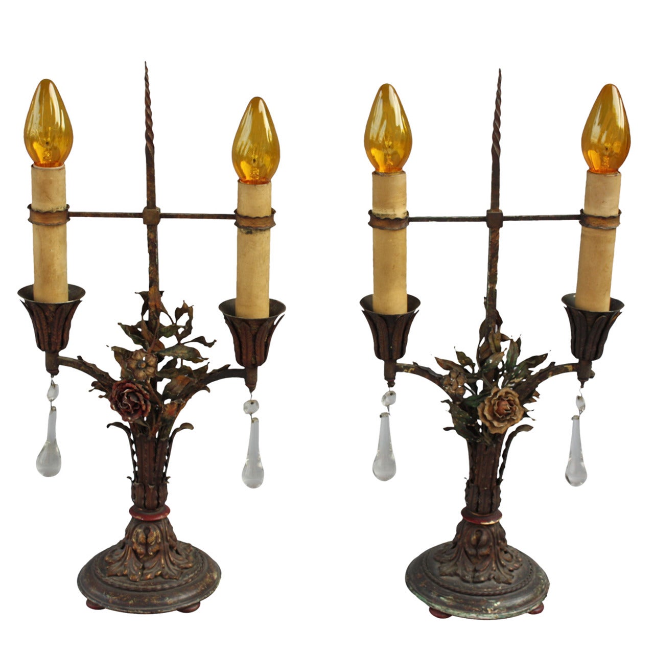 Antique Pair of 1920s Polychrome Lamps