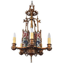 Antique 1920s Polychrome Chandelier with Bird Motif