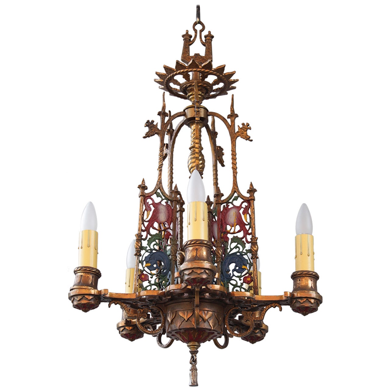 Antique 1920s Polychrome Chandelier with Bird Motif