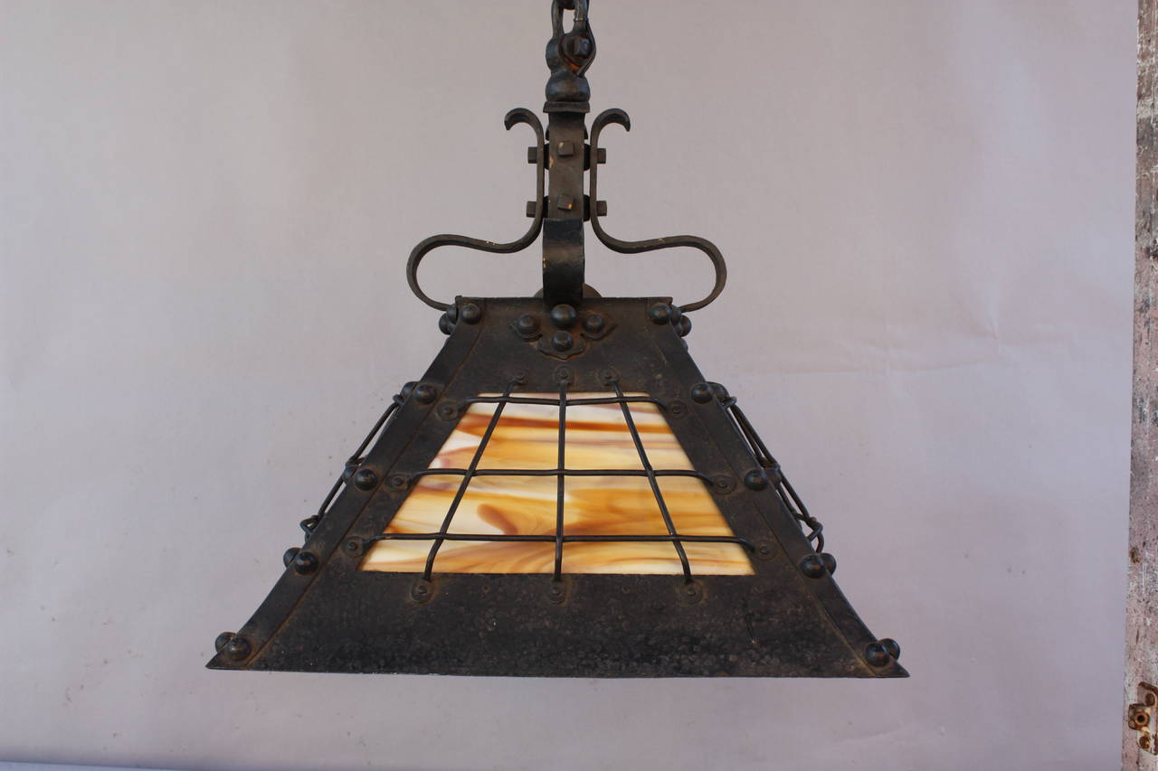 Antique circa 1910 Wrought Iron Chandelier Pendant with Slag Glass