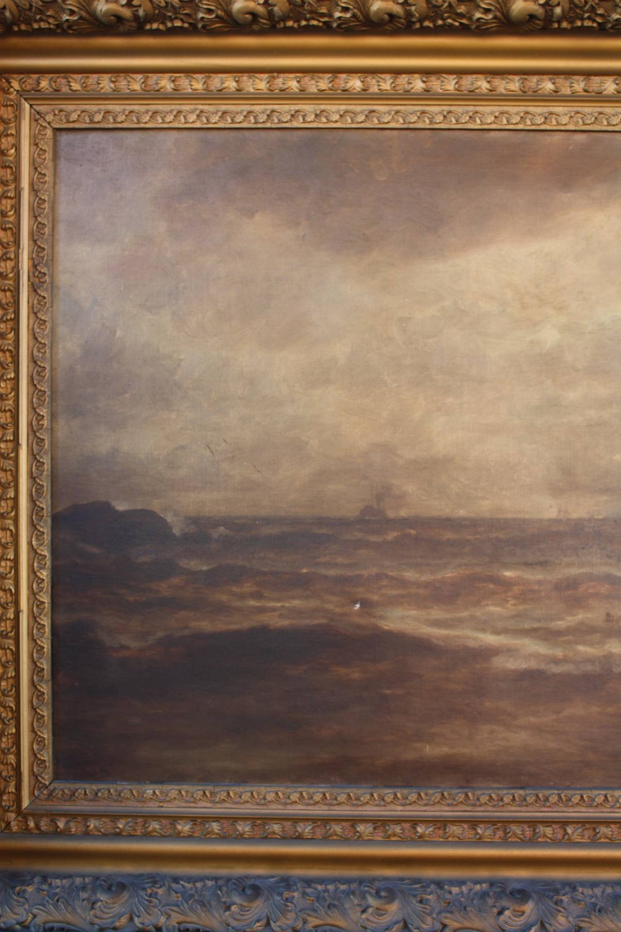 Oil painting by PF Lund in original gilt frame,1894. The Painting has not been cleaned. Frame measures 47.5” W x 35.75” H Image is 35.5” W x 23.5”