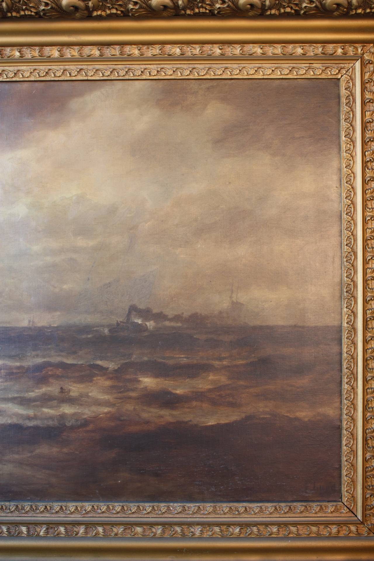 19th Century Seascape with Steam Ship by P F Lund In Good Condition For Sale In Pasadena, CA