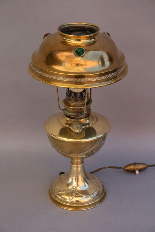 Early 20th Century Art Nouveau Jeweled Brass Table Lamp For Sale 1