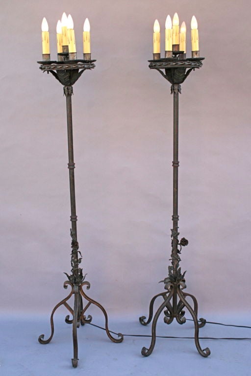 Pair Tall Electrified Wrought Iron Torchieres