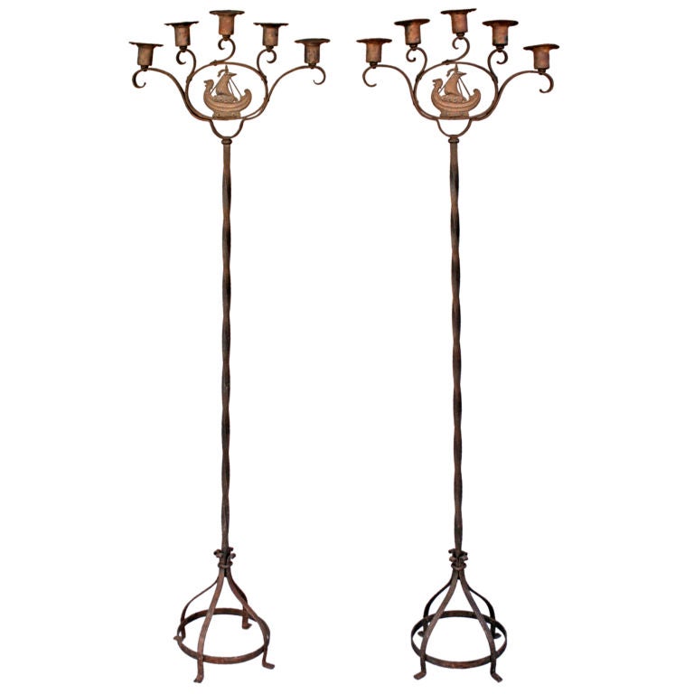 Pair Of Standing Candelabra With Galleon Motif