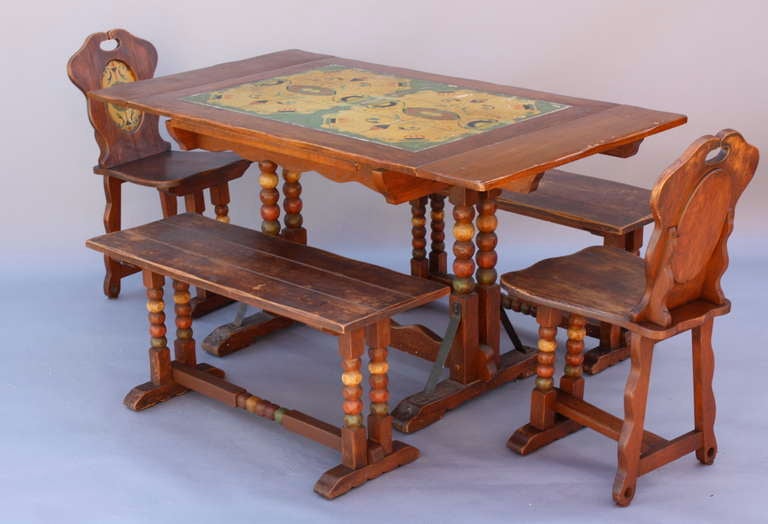This rare set characterizes the rich period of the 1930's with original colorful accents and painted surfaces and accented by complementary ironwork.
Table Measures,59.