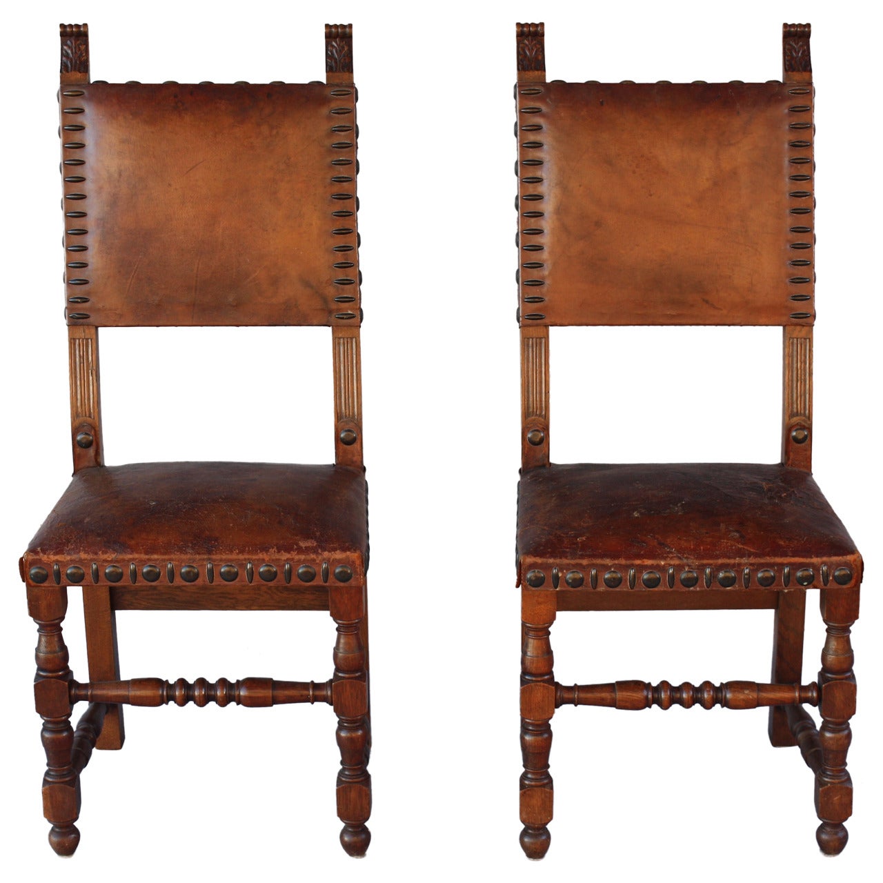 Antique 1920s Pair of Leather Side Chairs