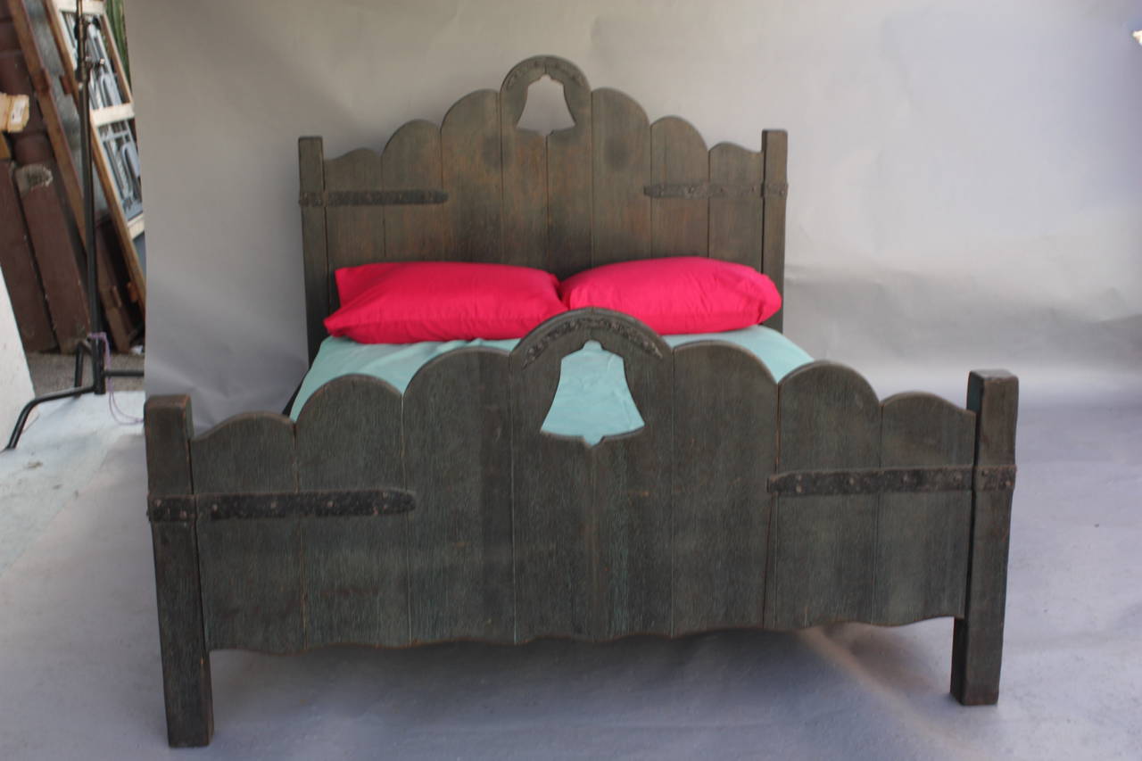 Rare blue double bed with bell cut-out. Made by the Imperial Cie. Circa 1930's. Exterior is 81 1/8
