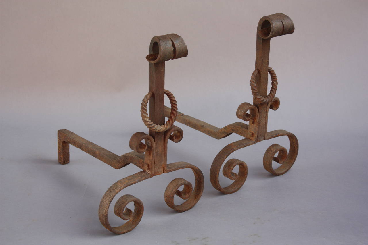 Pair of Wrought Iron Andirons In Good Condition In Pasadena, CA
