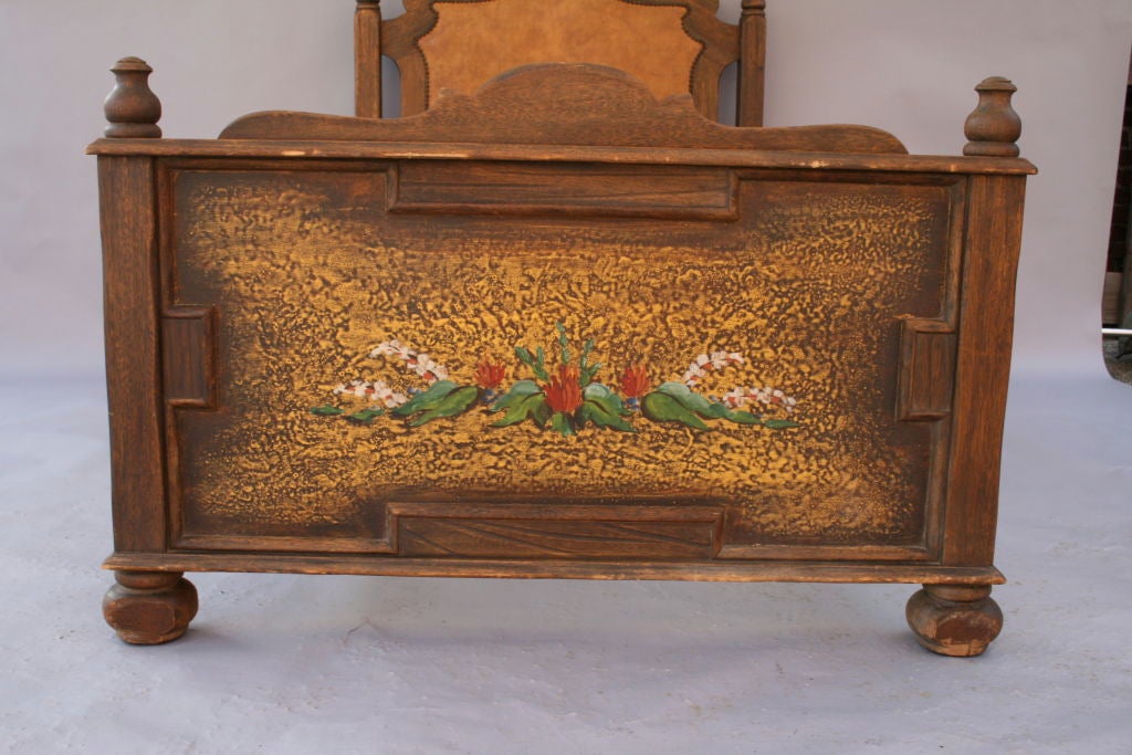 Mahogany twin bed that were custom made for the De Anza Hotel in Calexico in 1931 by Karpen with hand-painted details.   Headboard measures 50 3/8