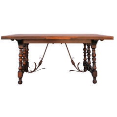 Antique Walnut Dining Table w/ Decorative Iron Stretcher c. 1920's