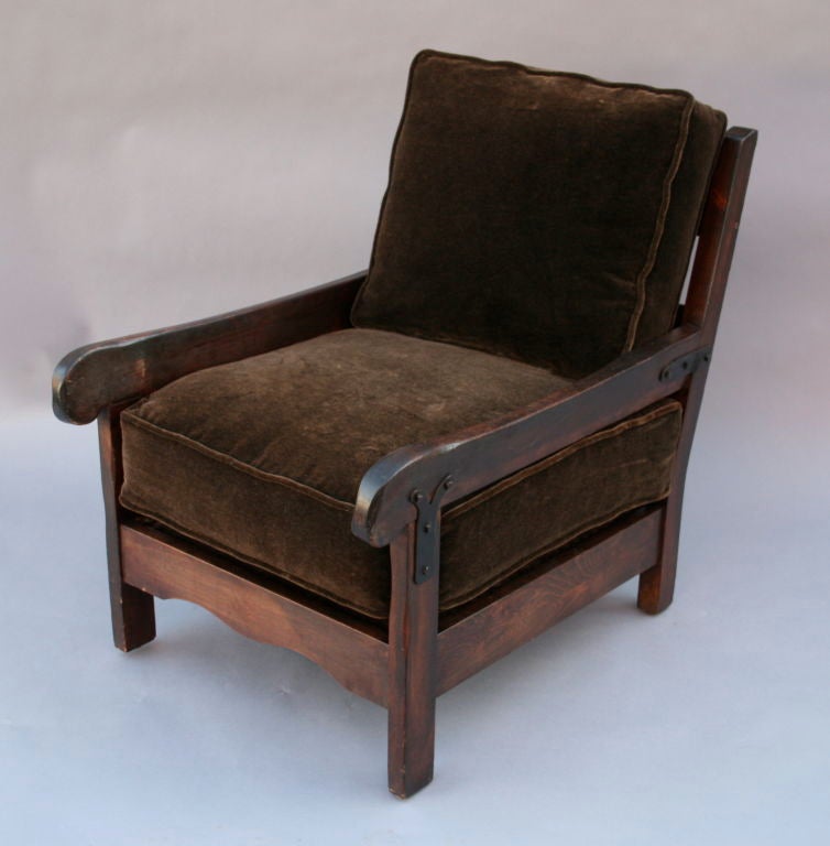 Signed Monterey armchair with iron straps and new dark brown mohair upholstery. Very rare form.