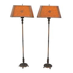 Antique Exceptional Pair of Floor Lamps with Leather Shades