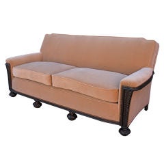 Carved Dark Walnut Sofa With Velvet Upholstery