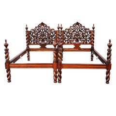 Antique Pair of 1920's Carved Mahogany Beds