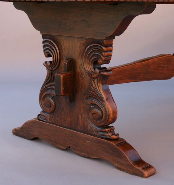 Stunning dining table, c. 1920's, custom designed and crafted by George S. Hunt, expands with concealed leaves from 95 3/4