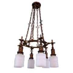Antique Dramatic Iron and Brass Chandelier with Six Pendant  Lights