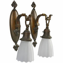 Pair of Brass Sconces with Glass Shades