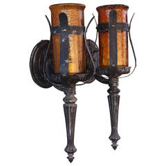 Vintage Pair of 1930s Sconces with Glass Inserts