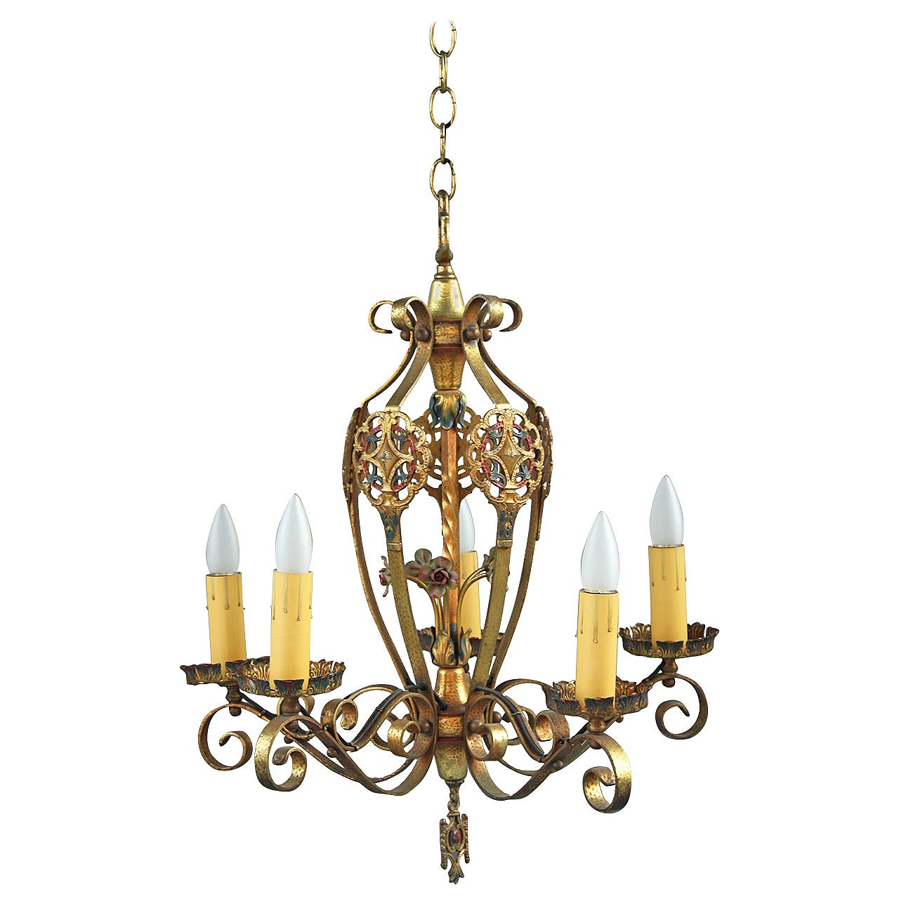 Vibrant 1920s Chandelier with Original Polychrome For Sale