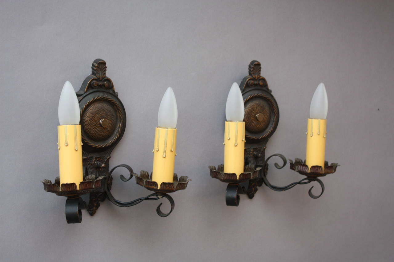 1920s Pair of Cast Iron Double Sconces In Good Condition In Pasadena, CA
