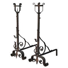 Antique Wrought Iron Andirons With Incised Detailed