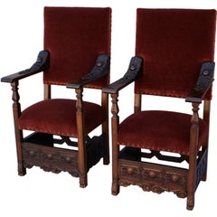 Pair Of Carved Armchairs With Mohair