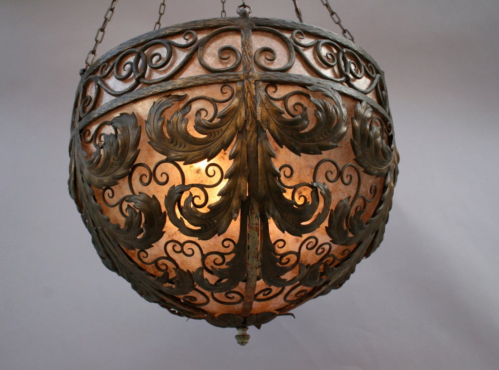 American Exceptional Wrought Iron and Mica Chandelier, c. 1920's