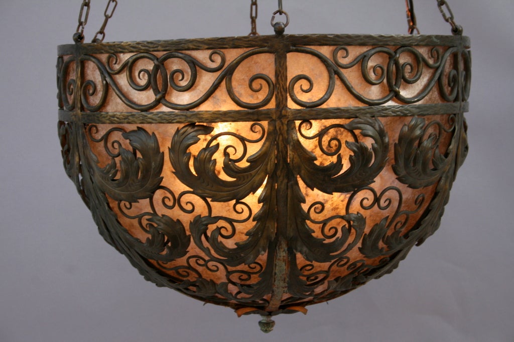 20th Century Exceptional Wrought Iron and Mica Chandelier, c. 1920's