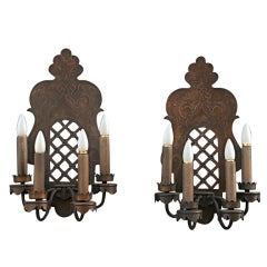 Exceptional Pair of Large Scale Etched Iron Sconces