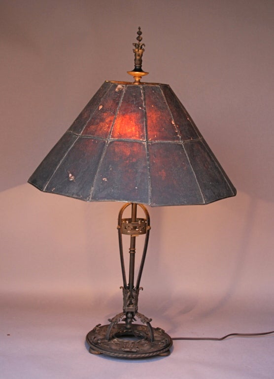 Exceptional Wrought Iron Lamp With Mica Shade