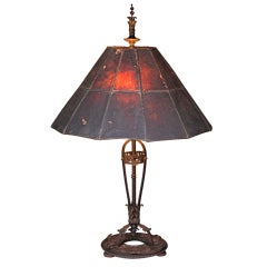 Exceptional Wrought Iron Lamp With Mica Shade