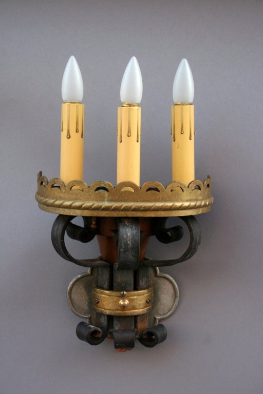 American Imposing Pair Of 1920's Iron And Brass Sconces For Sale
