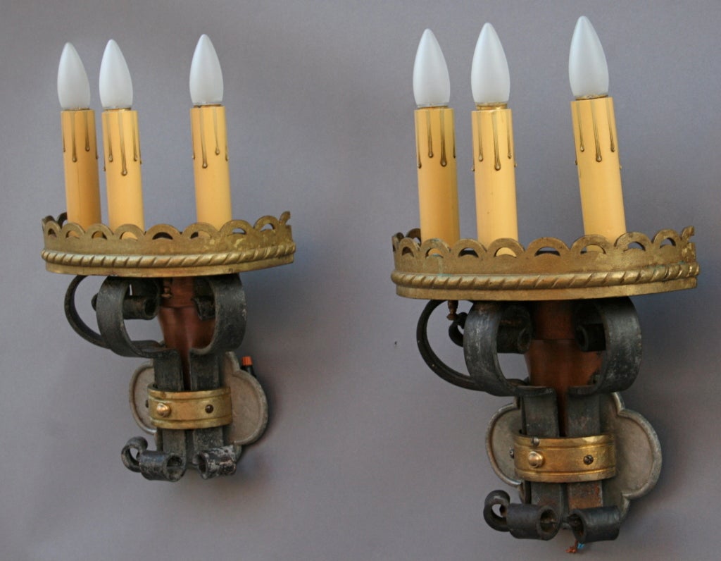 20th Century Imposing Pair Of 1920's Iron And Brass Sconces For Sale