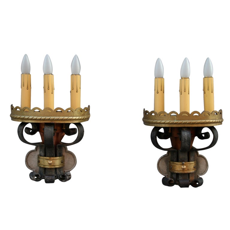 Imposing Pair Of 1920's Iron And Brass Sconces For Sale