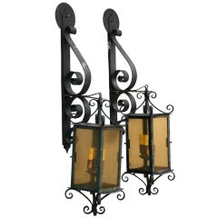 Antique Pair Of Large Scale Wrought Iron Exterior Wall Lanterns