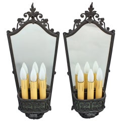 Pair of Mirrored 3-Light Sconces c. 1920
s Antique Pair of Mirrored 3-Light Sconces c. 1920
s