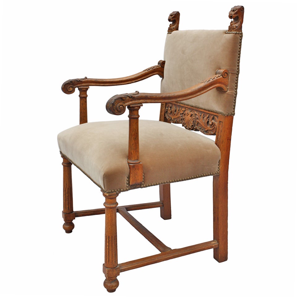 1920s Carved Arm Chair With Velvet Upholstery