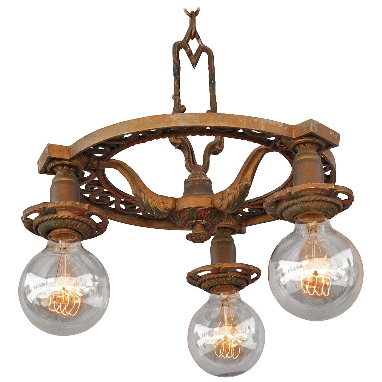 1920s Down Light Chandelier with Three Bulbs