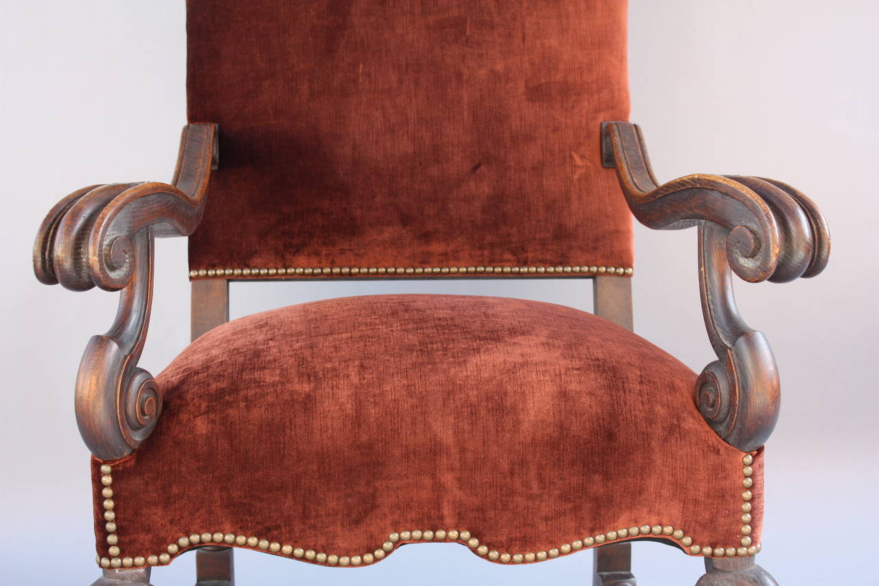 Velvet Upholstered Armchair, circa 1920s In Good Condition In Pasadena, CA