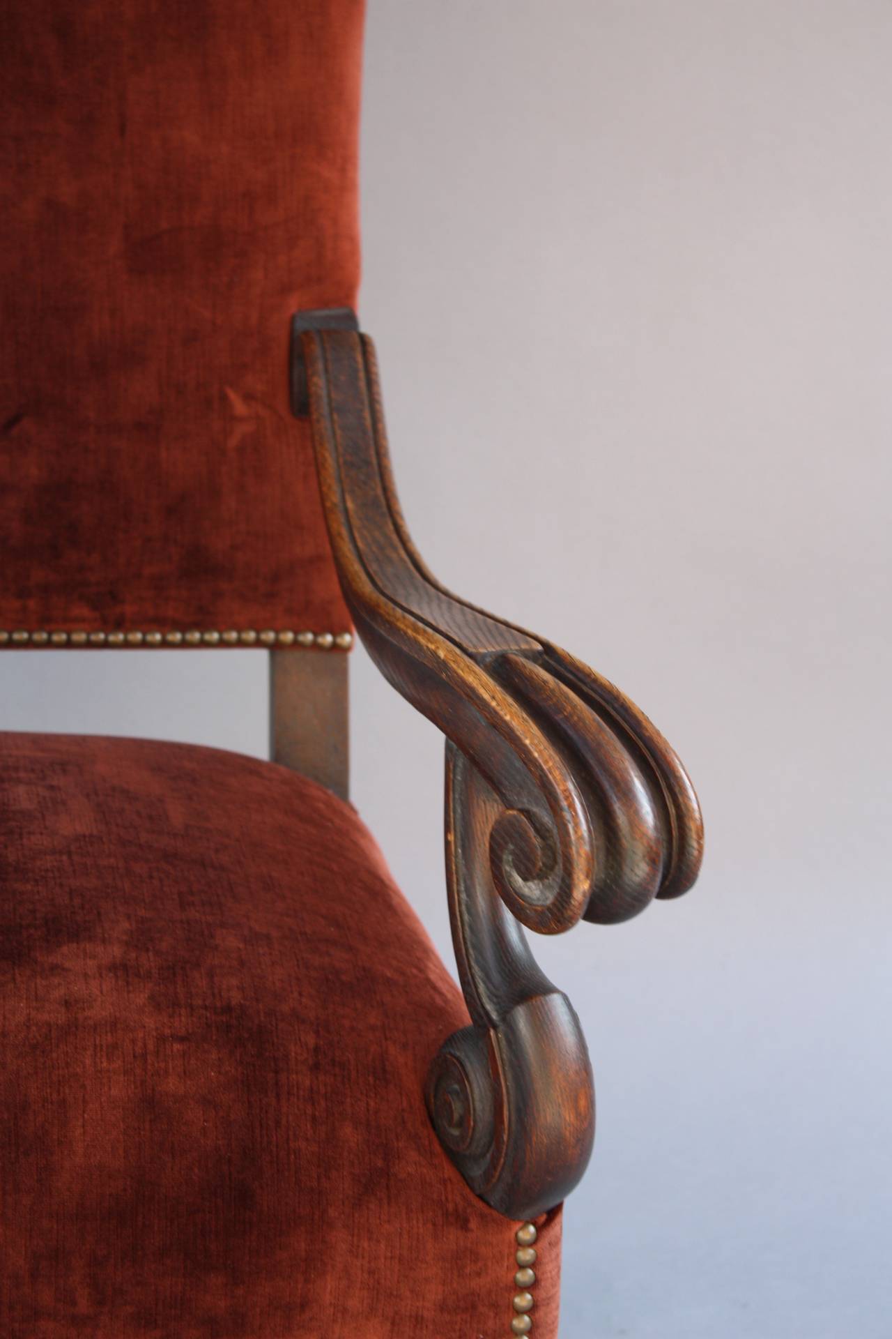 Velvet Upholstered Armchair, circa 1920s 1