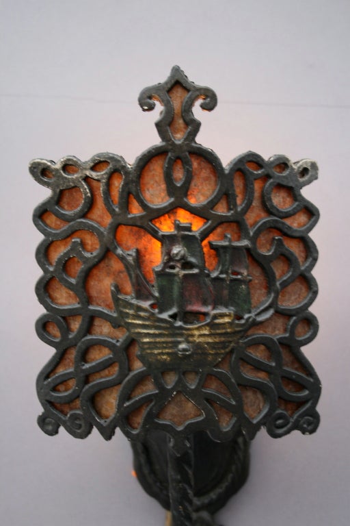 20th Century 1 of 2 Polychrome Sconces with Ship Motif Mica Shields