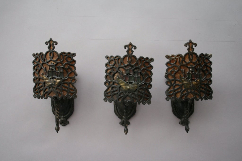 1 of 2 Polychrome Sconces with Ship Motif Mica Shields 1
