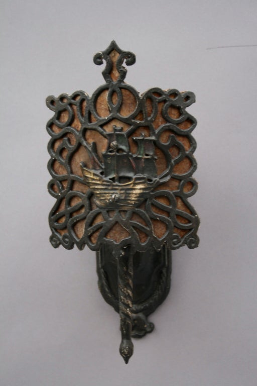 1 of 2 Polychrome Sconces with Ship Motif Mica Shields 2