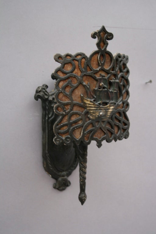 1 of 2 Polychrome Sconces with Ship Motif Mica Shields 4
