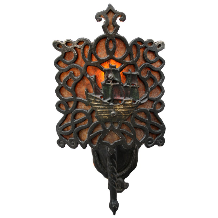 1 of 2 Polychrome Sconces with Ship Motif Mica Shields
