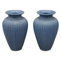 Pair of Tall Blue Ribbed Oil Jars