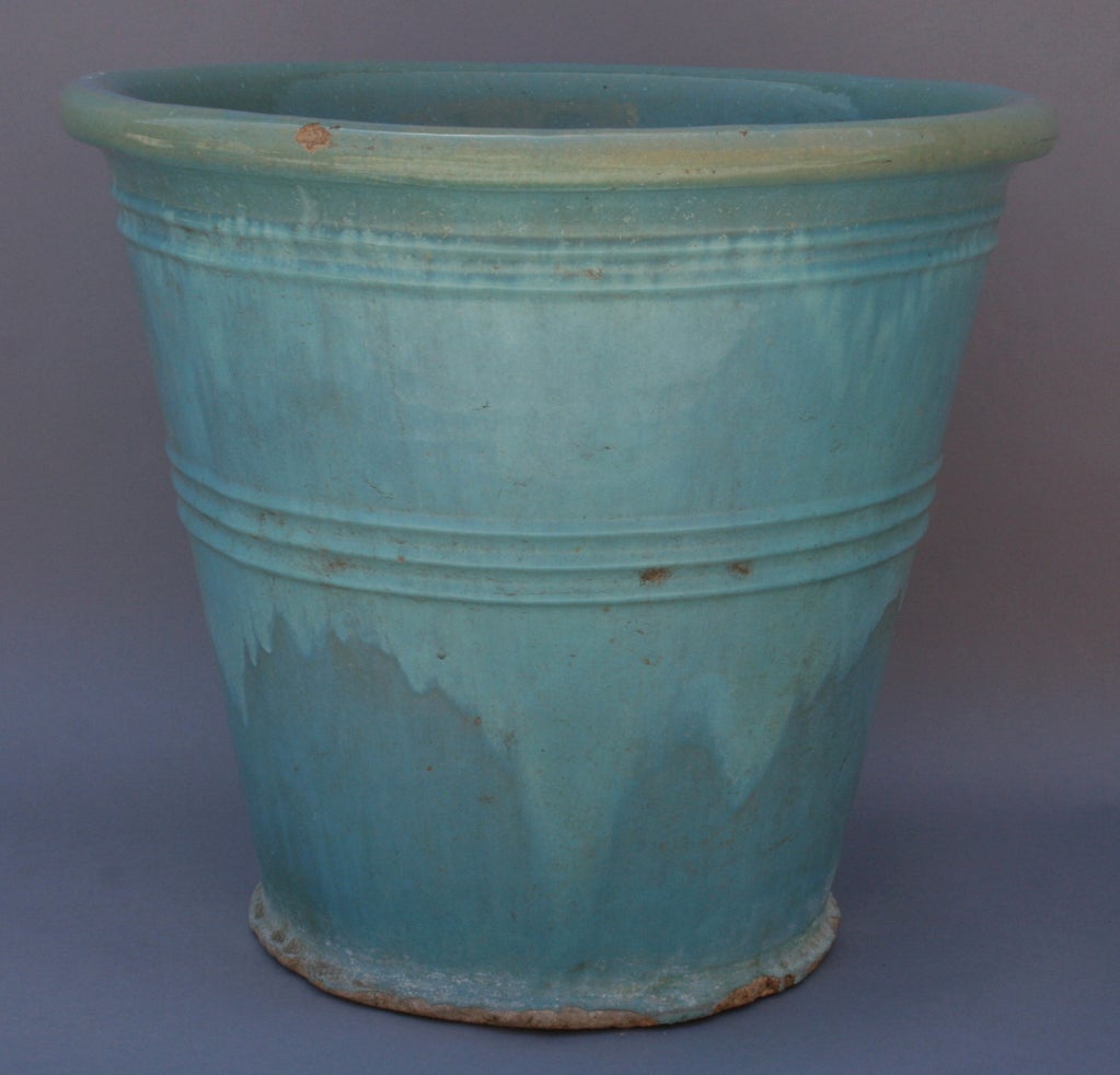 Larger 1920's Gladding McBean flower pot with an exceptional blended aqua glaze.
