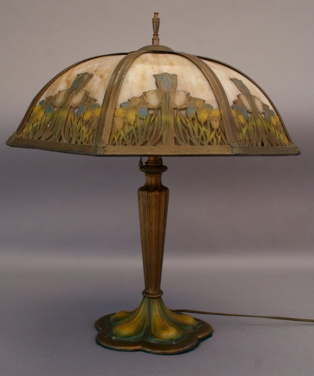 20th Century Tulip Motif Slag Glass Lamp